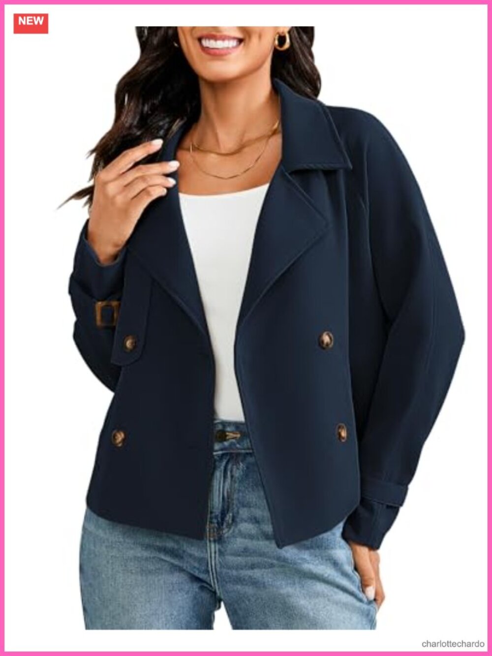 Women's Cropped Double-Breasted Trench Coat Long Sleeve Notched Lapel Fall